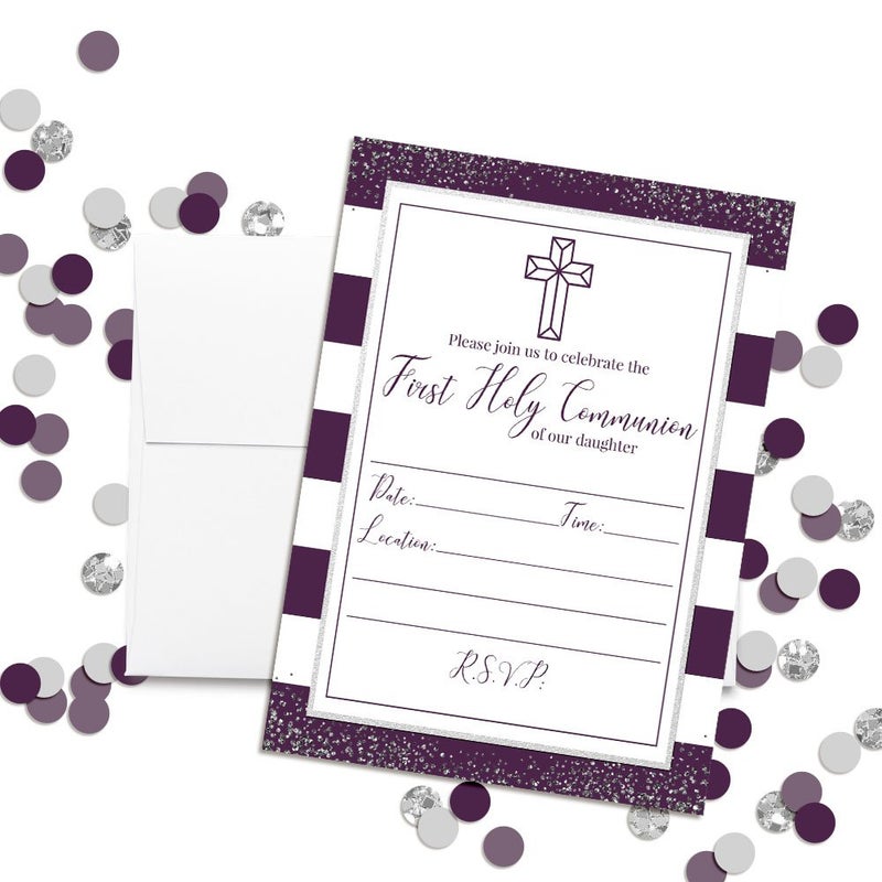 Amanda Creation Purple and Silver Stripes First Holy Communion Religious Party Invitations, 20 5x7 Fill In Cards with Twenty White Envelopes by AmandaCreation - Image 2